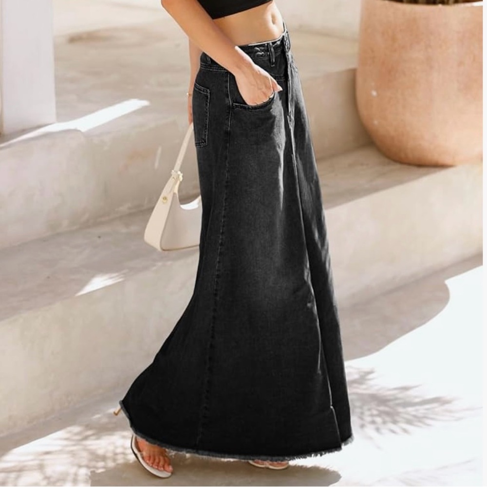 🎉New Boho Light Black Frayed Hem Jean Denim Pockets Maxi Skirt